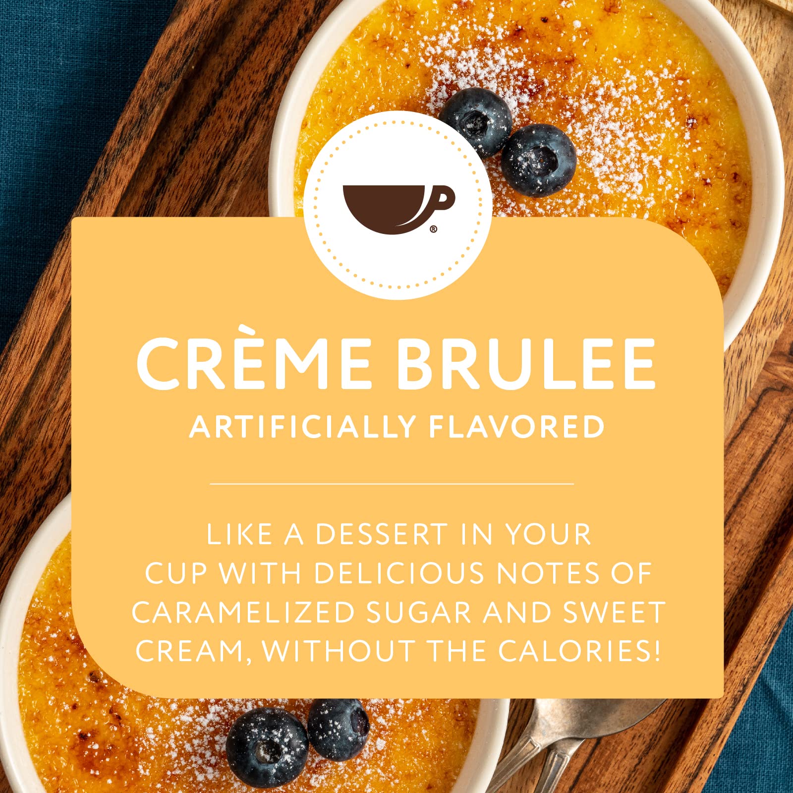 Paramount Roasters Creme Brulee cup with cream suggests dessert-inspired indulgence.