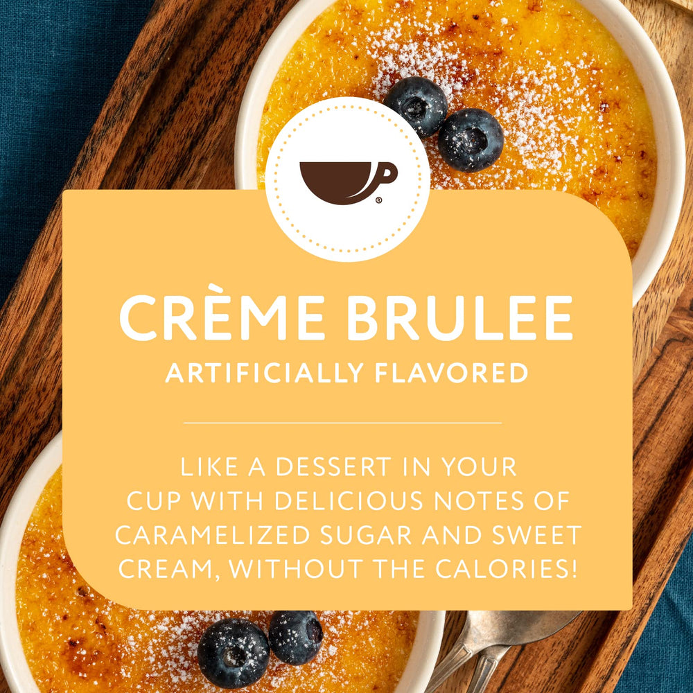 Paramount Roasters Creme Brulee cup with cream suggests dessert-inspired indulgence.