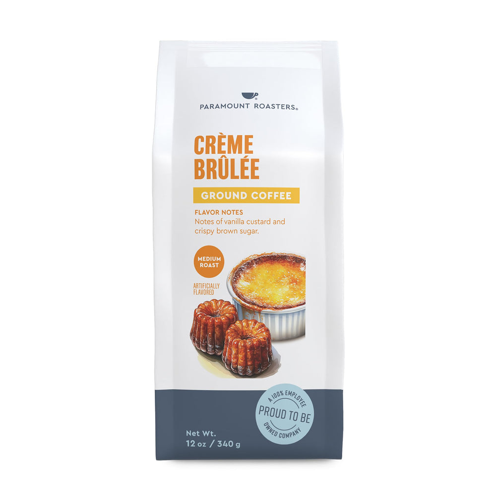 Paramount Roasters Creme Brulee ground coffee bag with rich flavor and fresh aroma.