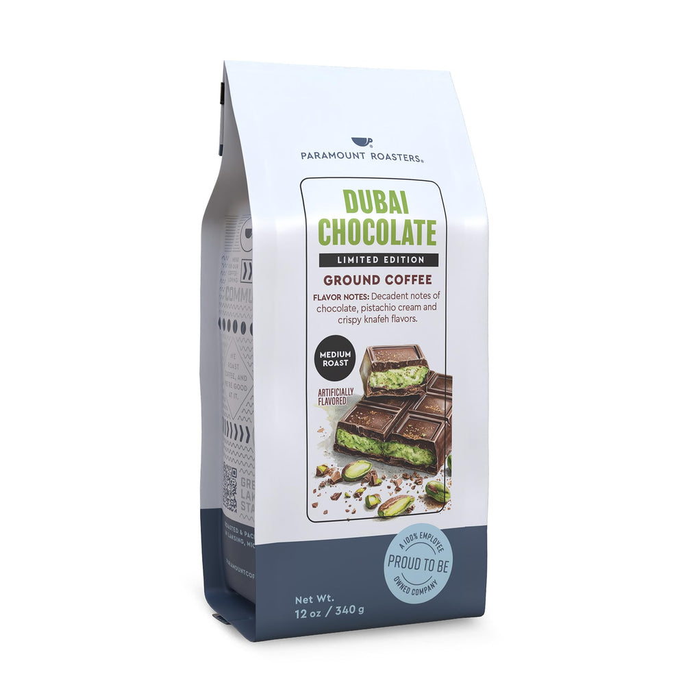 Paramount Roasters Dubai chocolate ground coffee in 12oz bag for at-home indulgence.