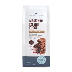 Paramount Roasters Mackinac Island fudge flavored coffee packaging highlights fresh grounds for easy mornings.