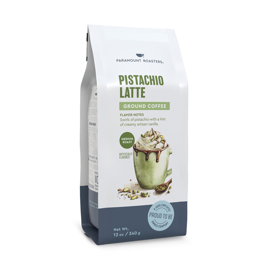 Paramount Roasters Pistachio Latte ground coffee package close-up for premium mornings.