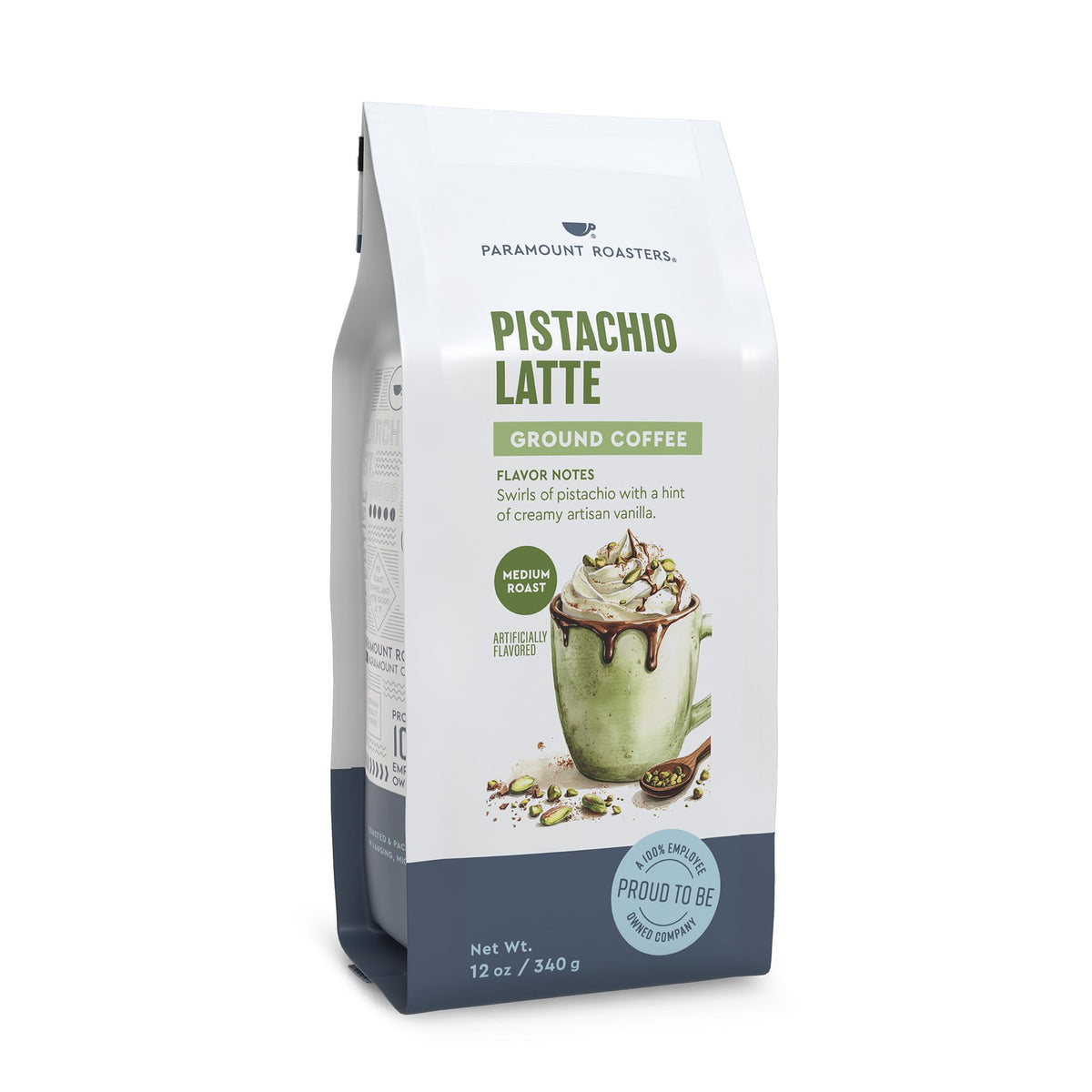 Paramount Roasters Pistachio Latte ground coffee package close-up for premium mornings.