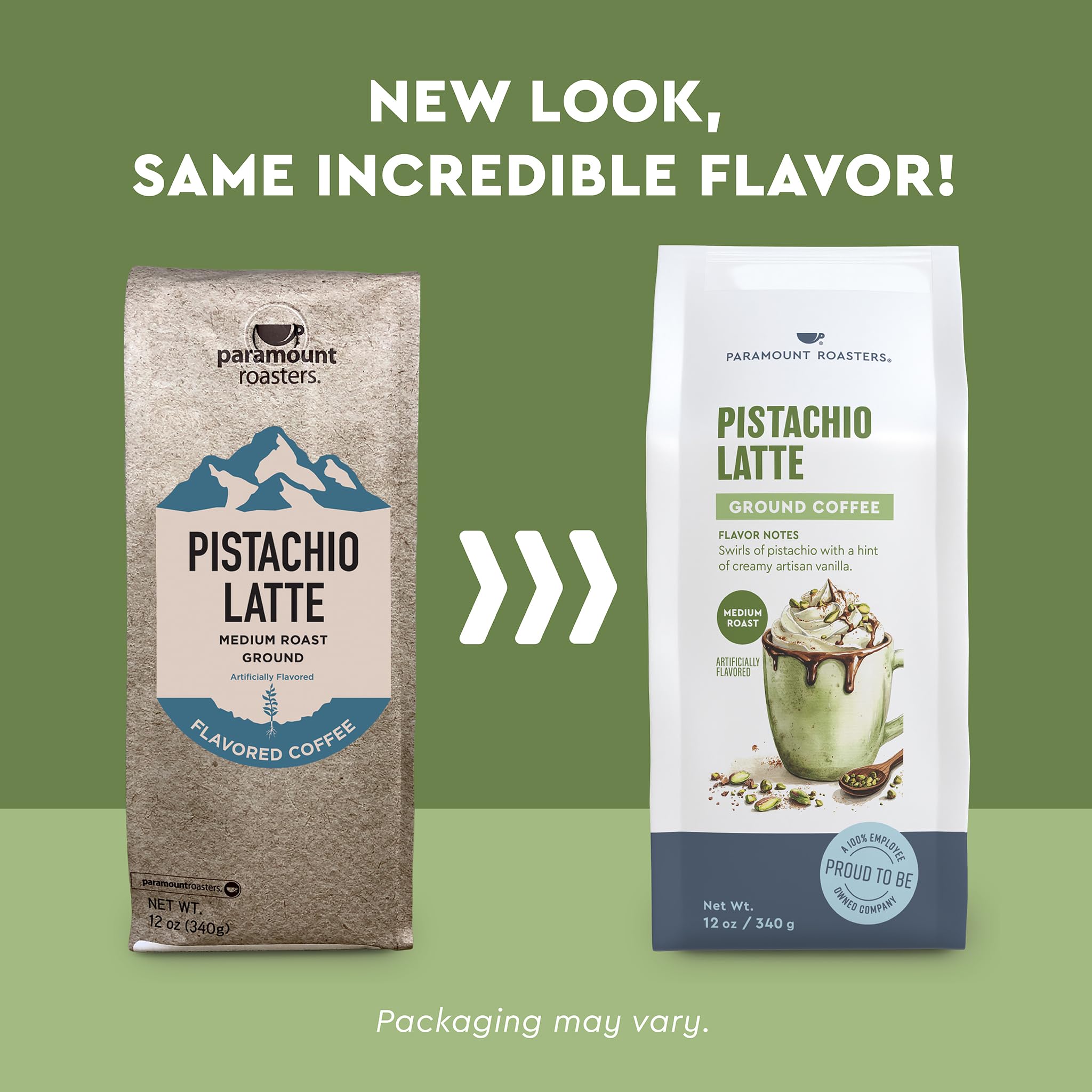 Paramount Roasters Pistachio Latte ground coffee brew close-up for a smooth cup.