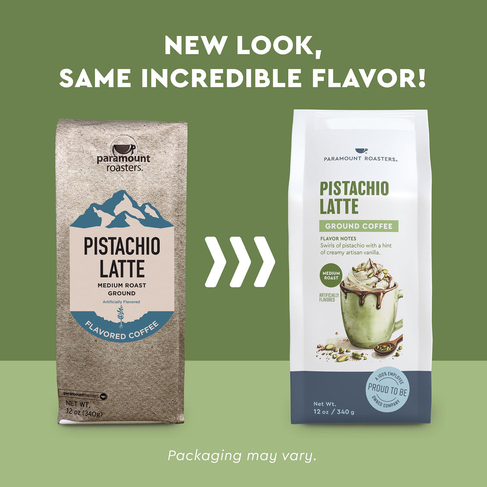 Paramount Roasters Pistachio Latte ground coffee brew close-up for a smooth cup.