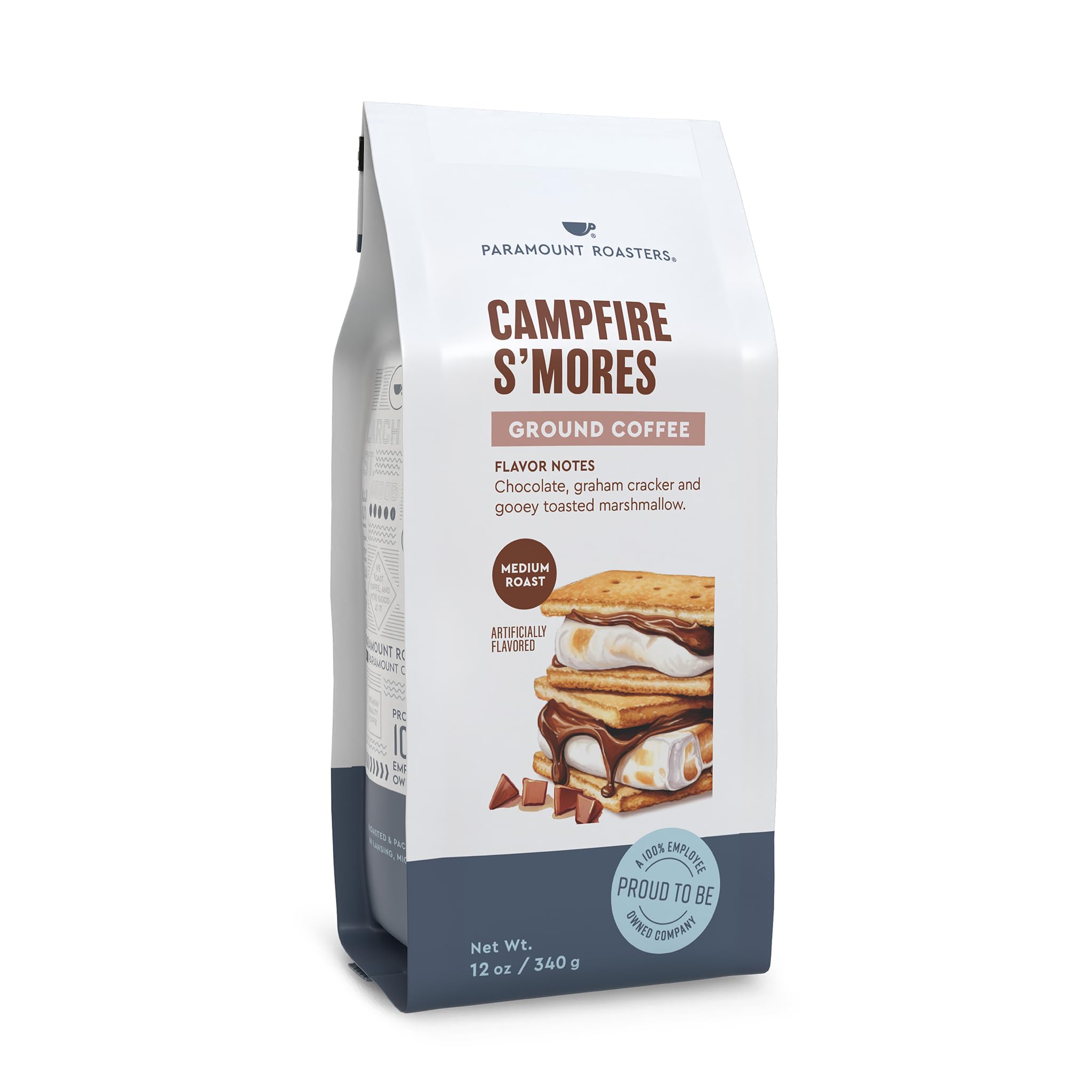 Paramount Roasters S'Mores ground coffee pack closeup—bold aroma for a comforting start.