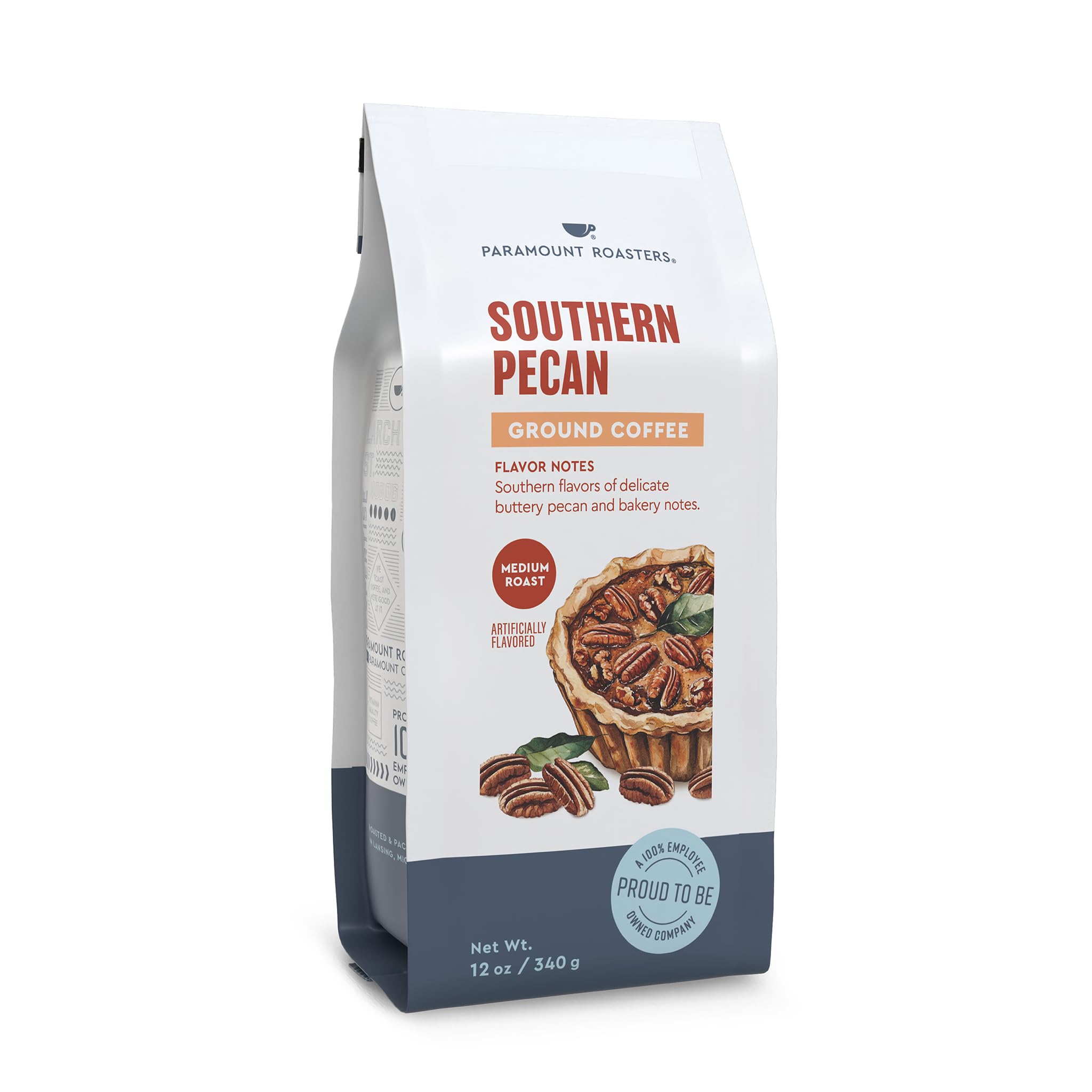 Paramount Roasters Southern Pecan coffee label packaging; authentic flavor profile in every bag.