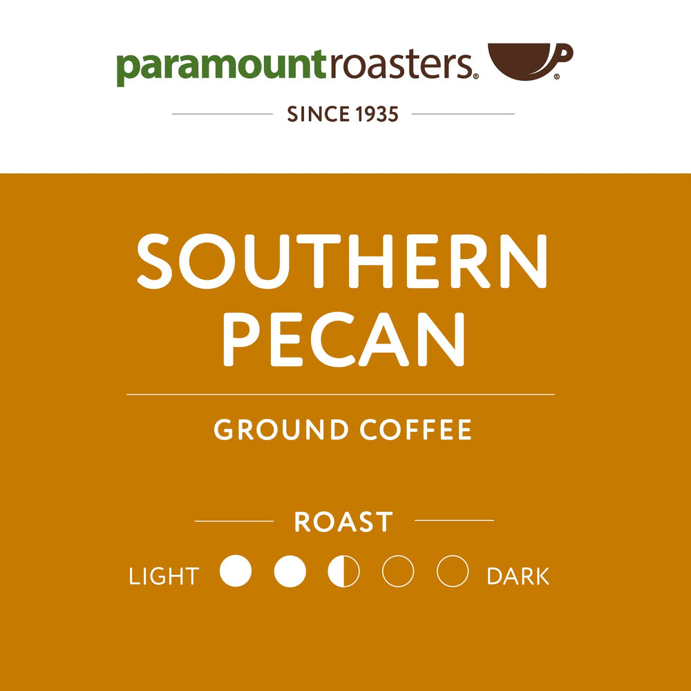Paramount Roasters Southern Pecan information panel; shows allergen-free, keto-friendly, kosher-certified credentials.