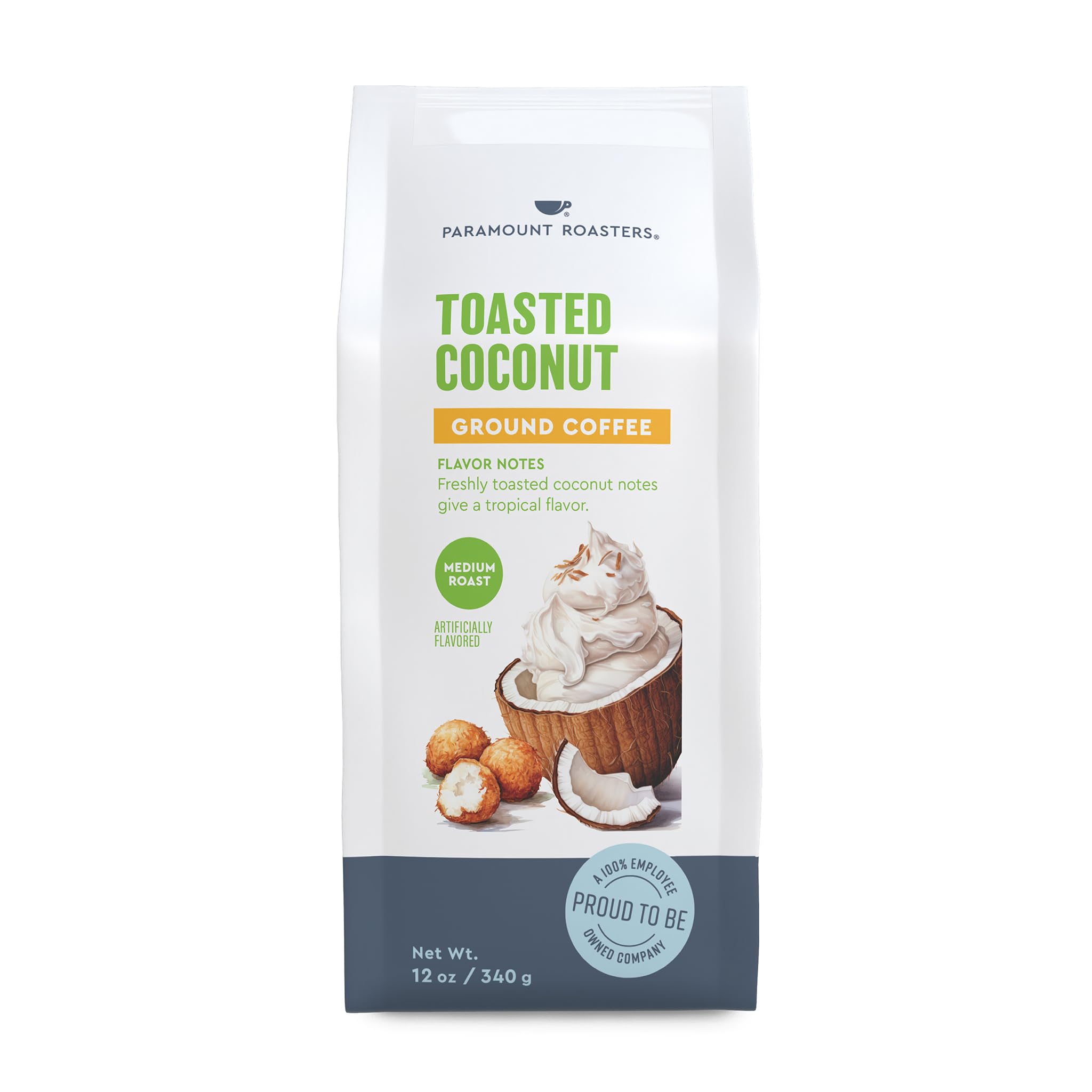 Paramount Roasters toasted coconut ground coffee bag releases tropical aroma in every brew.
