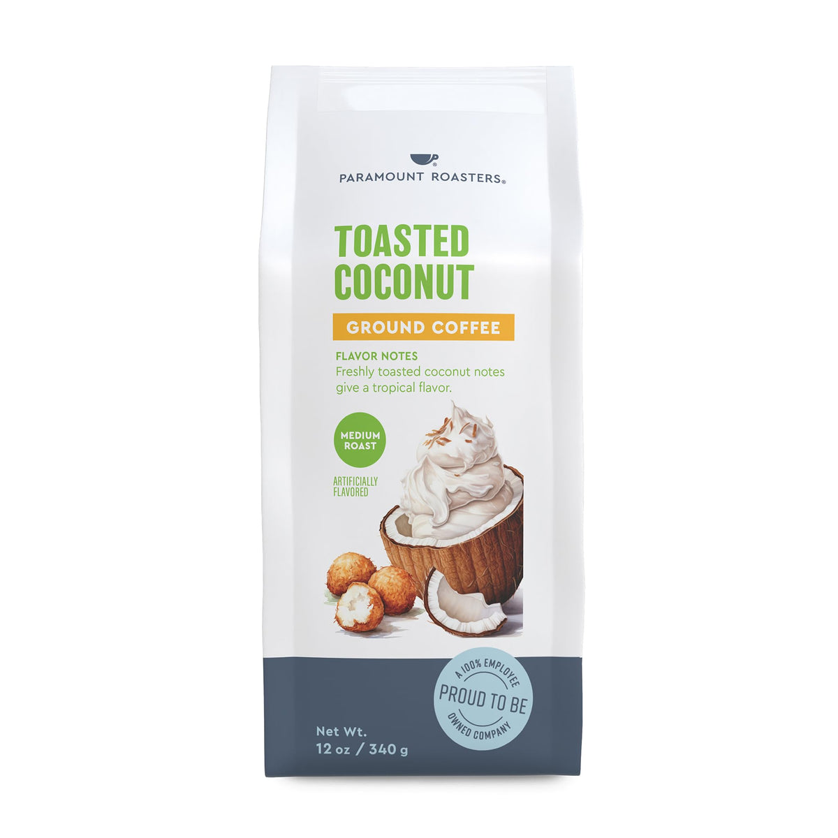 Paramount Roasters toasted coconut ground coffee bag releases tropical aroma in every brew.