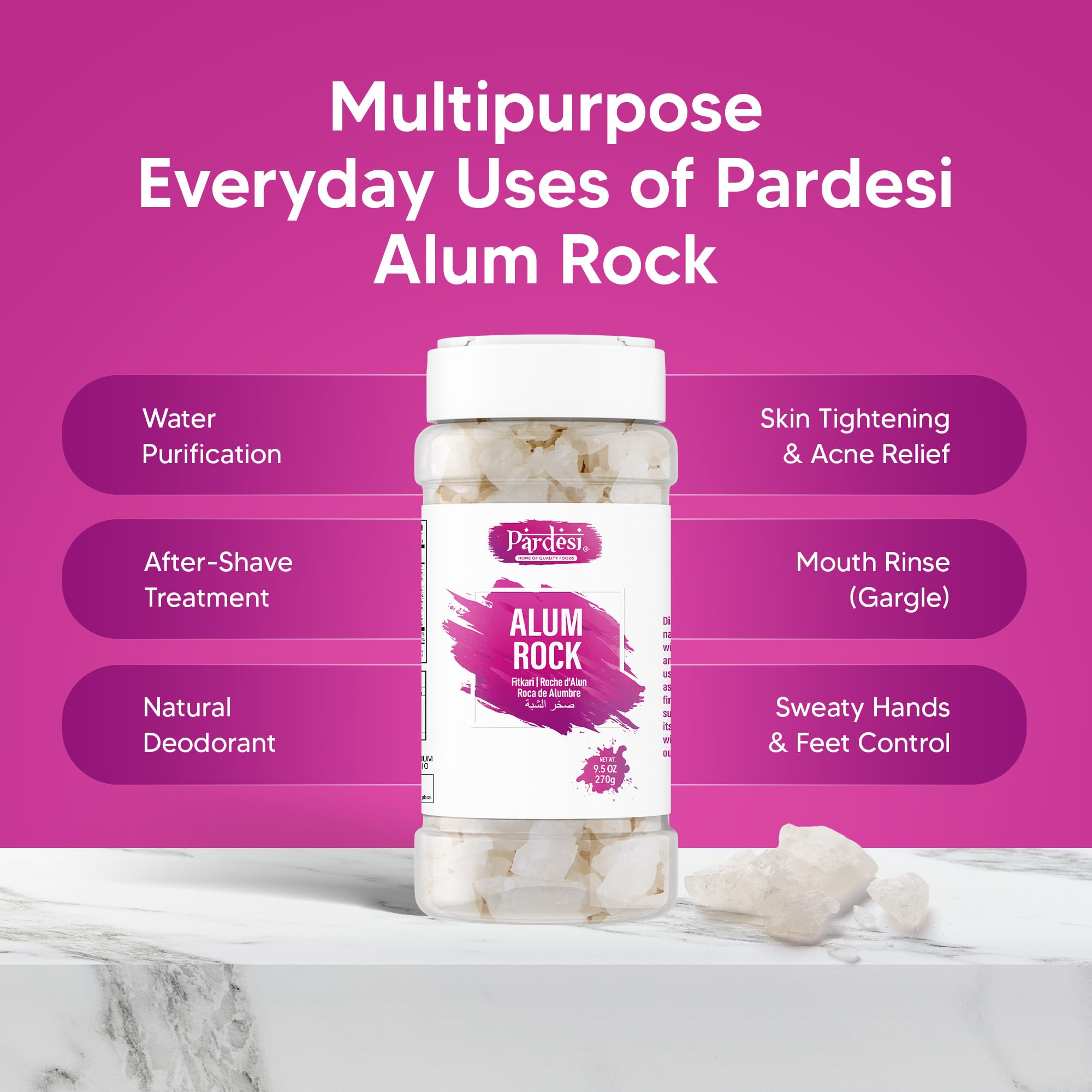 Pardesi alum water clarification bottle highlights clear prep water in kitchen