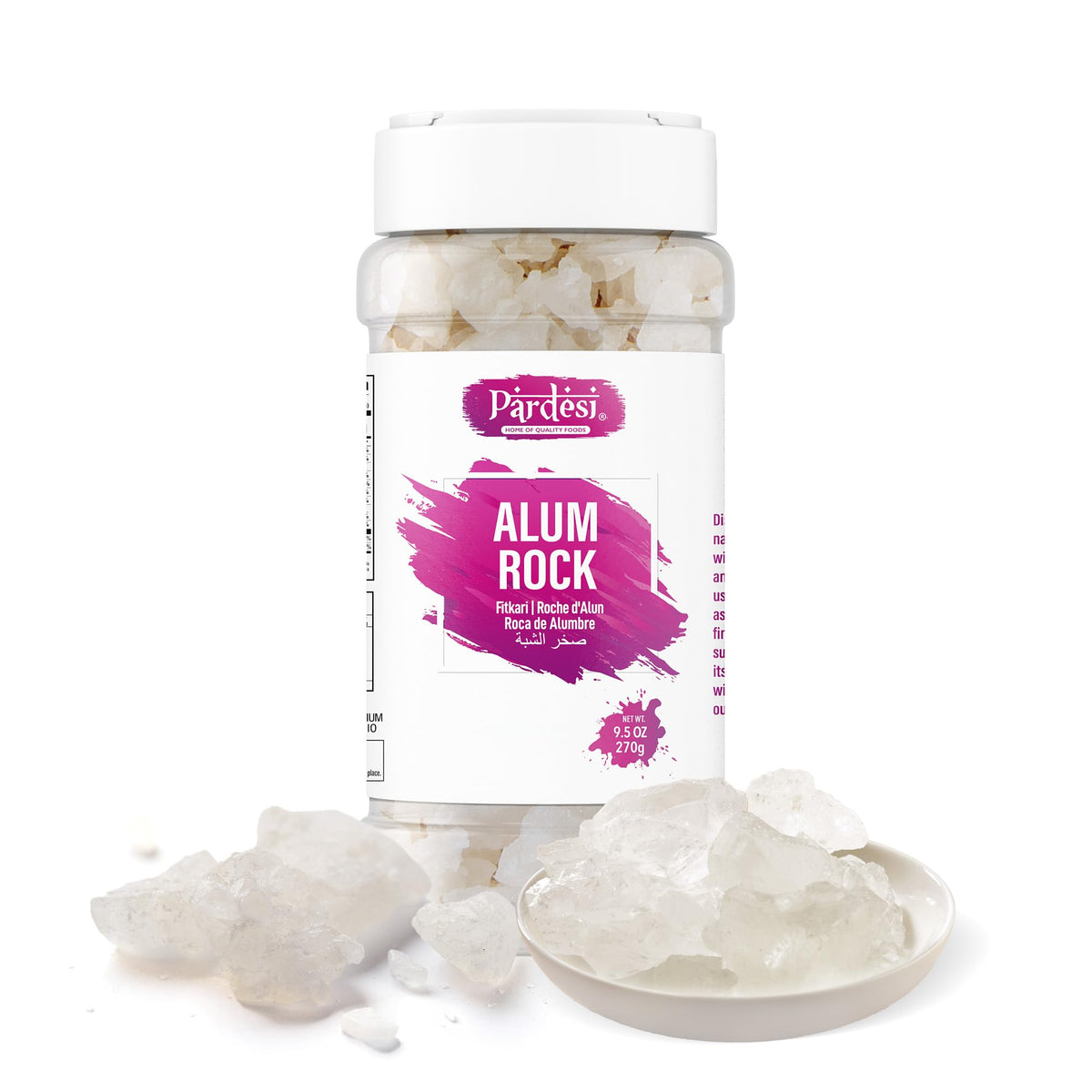 Pardesi white alum crystal packshot showing 270 g for versatile kitchen and craft use