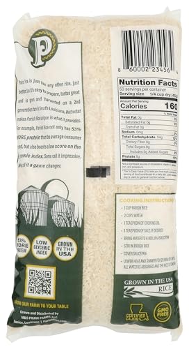 Parish White Rice measuring cup beside the bag supports easy portioning for meals.