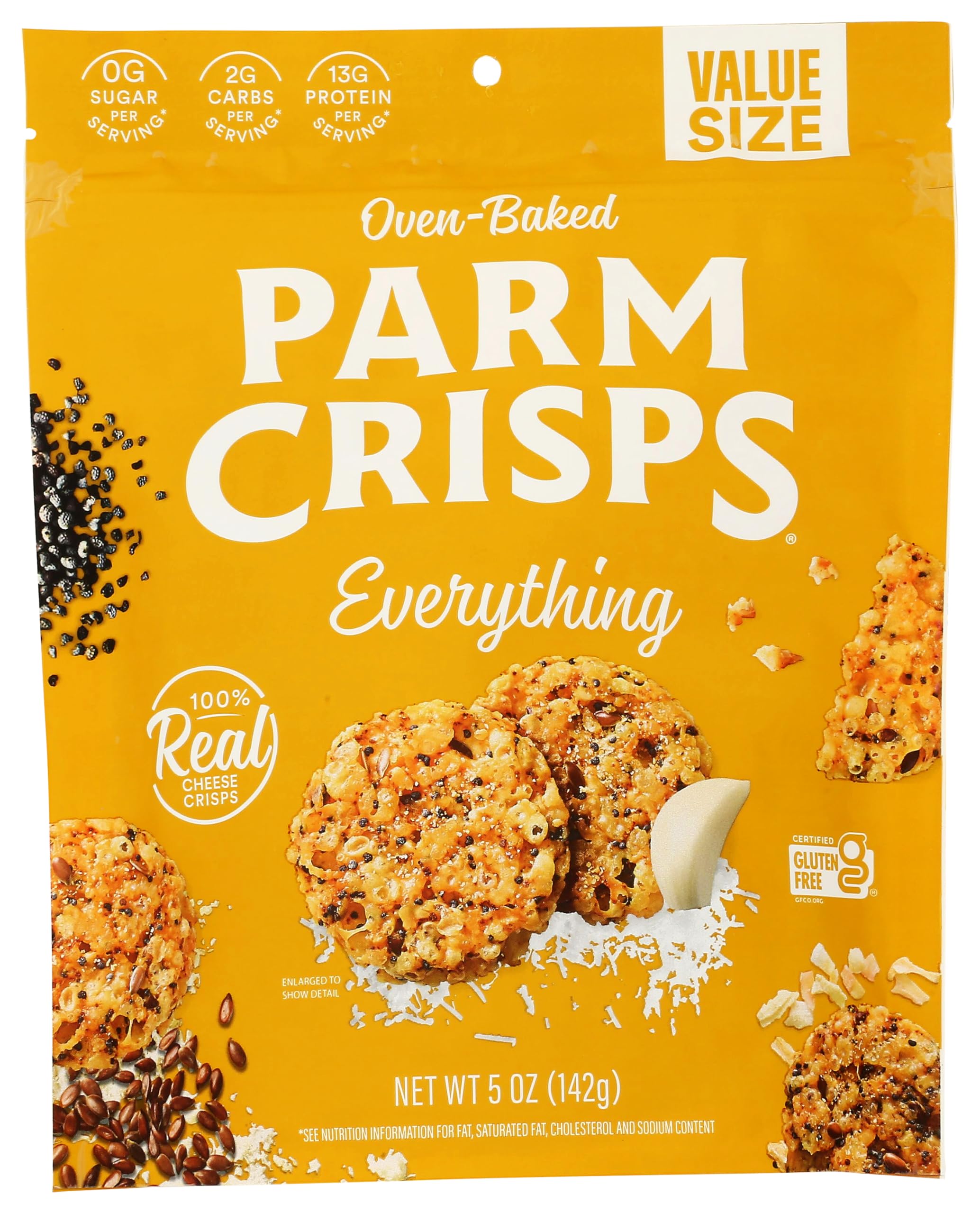 Parmcrisps Everything Cheese crackers in a resealable pack for fresh snacking.