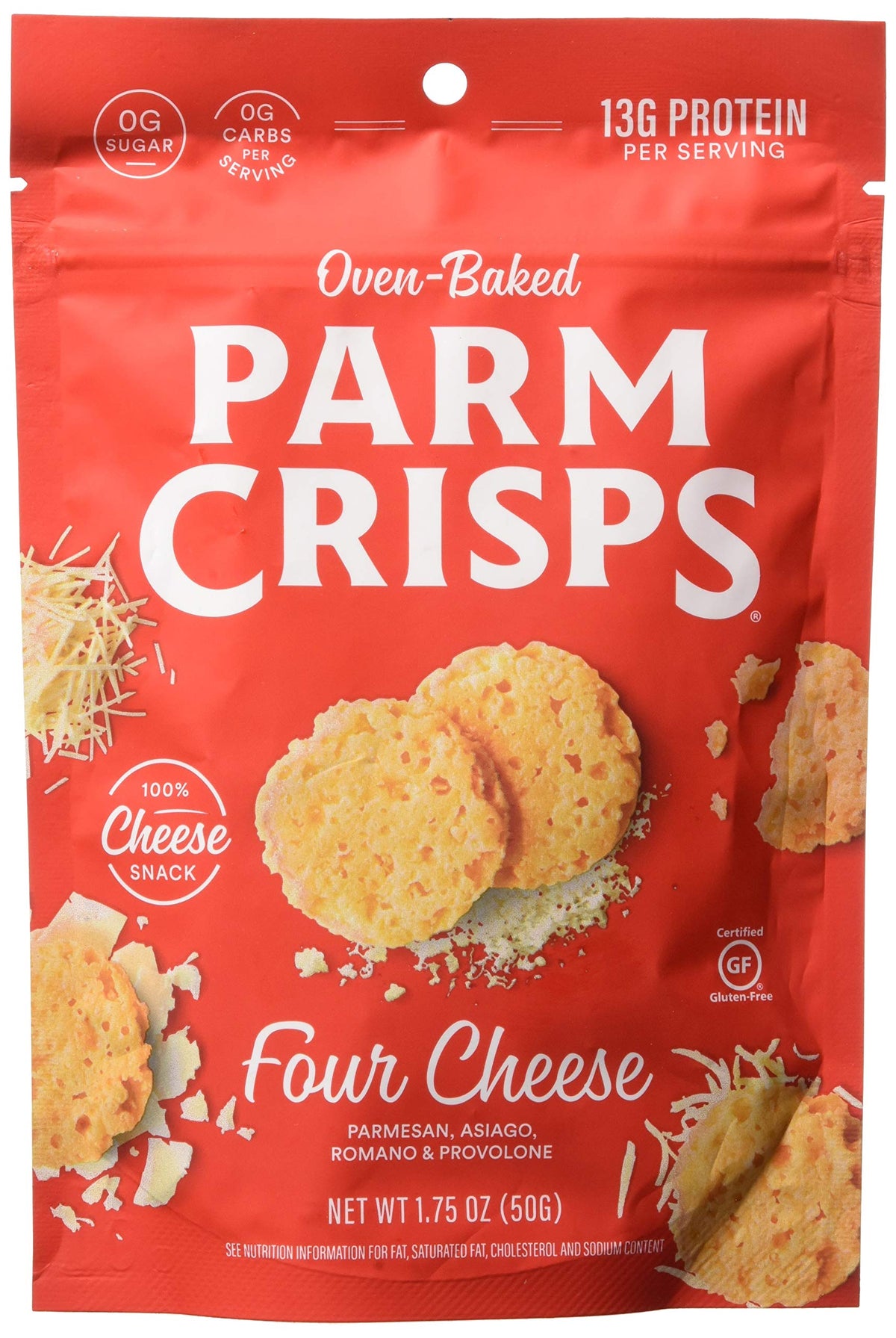 Parmcrisps Four Cheese oven-baked crisps for on-the-go snacking.