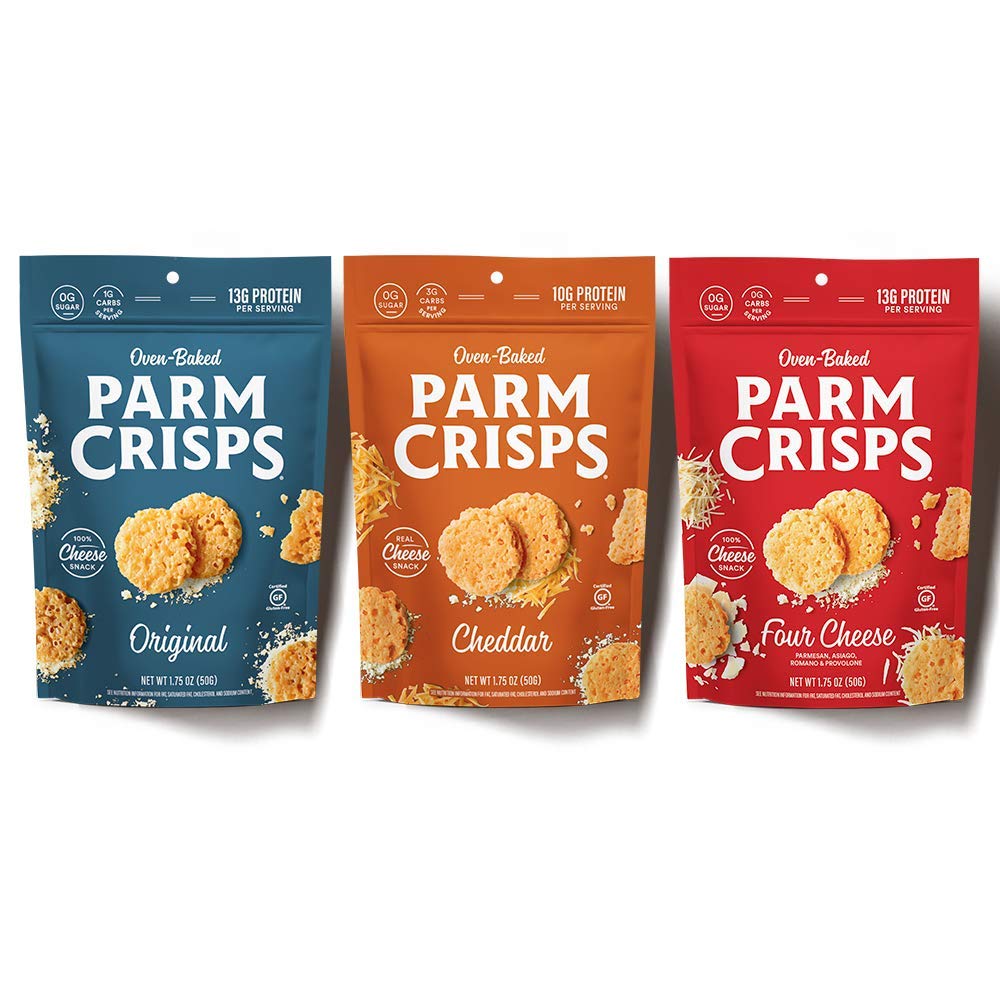 ParmCrisps Original Parmesan crisps in a bag, gluten-free snack with savory cheese flavor