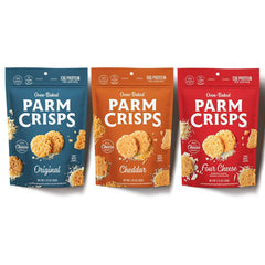 ParmCrisps Original Parmesan crisps in a bag, gluten-free snack with savory cheese flavor