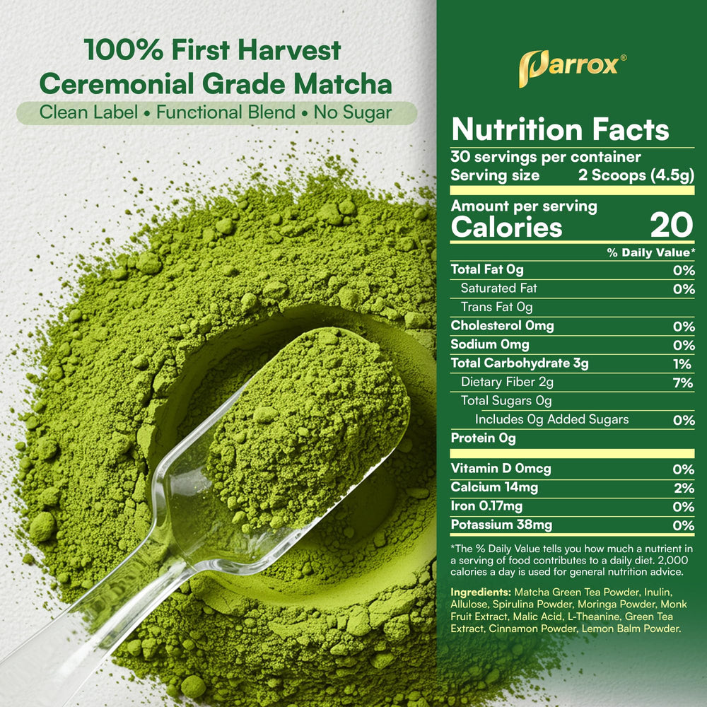 Parrox matcha moringa powder jar highlights premium blend for daily greens.