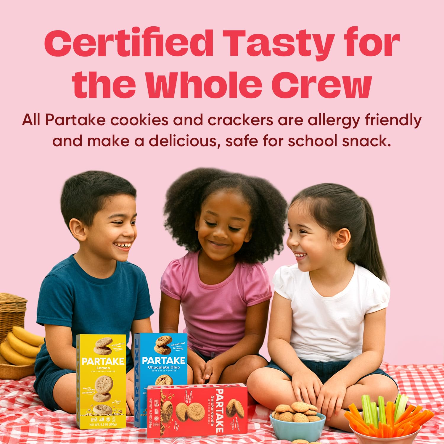 Partake 3-pack boxes on shelf, convenient allergen-free snacks for families