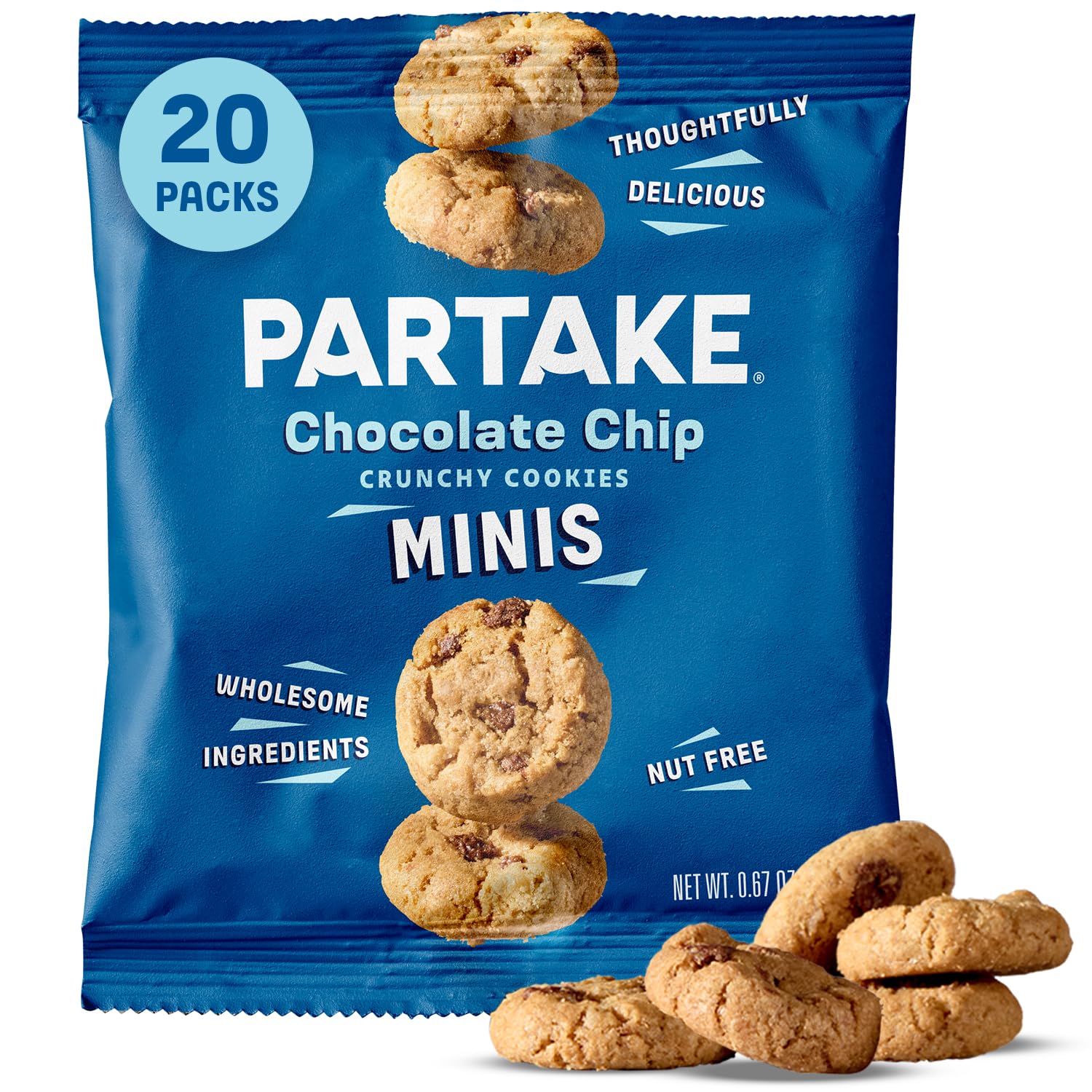 Partake Crunchy Chocolate Chip Cookie packaged for on-the-go allergen-free snacking.