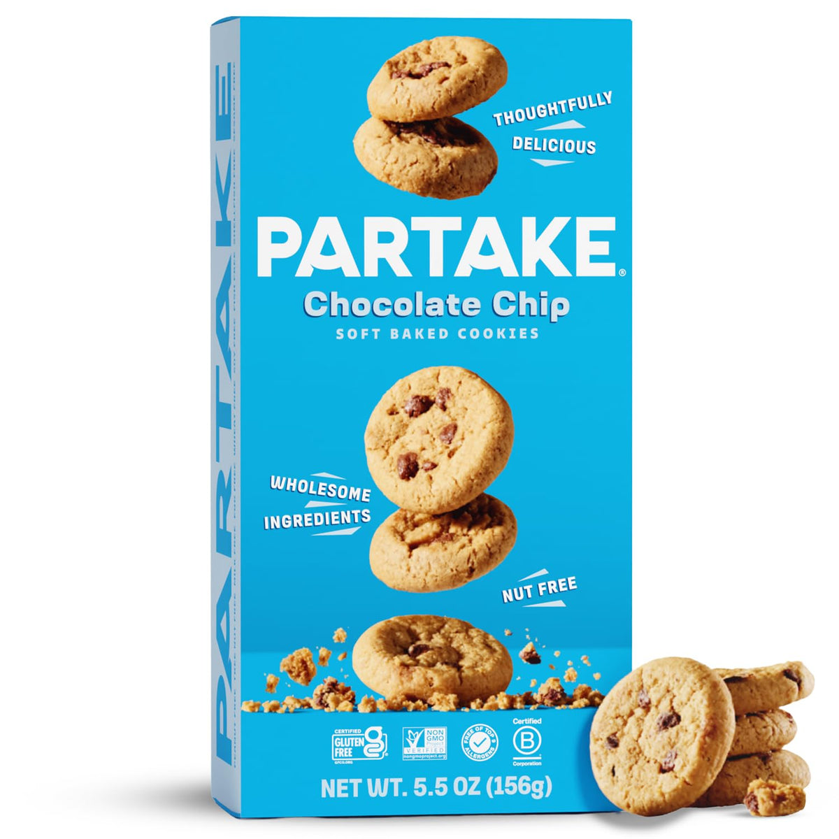 Partake soft baked cookies in a box front view; allergen-free daily snack