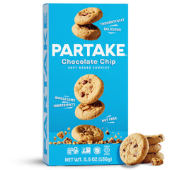 Partake soft baked cookies in a box front view; allergen-free daily snack