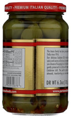Close-up of Partanna olives showing green Castelvetrano and red Calabrian chili