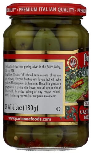 Jar label of Partanna Calabrian chili olives, authentic Sicilian import