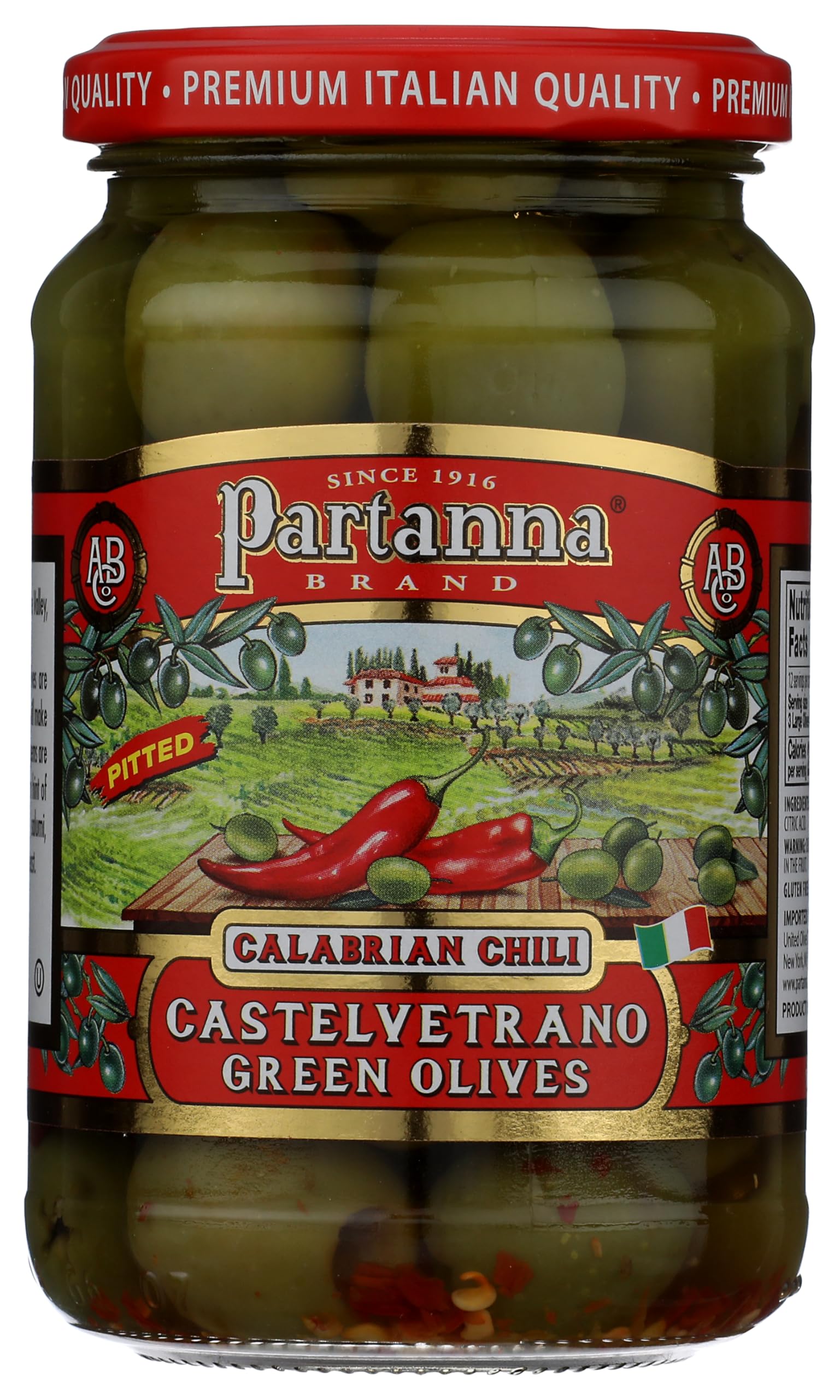 Partanna Calabrian chili olives in an open jar ready for antipasti tasting
