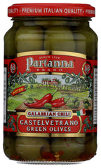 Partanna Calabrian chili olives in an open jar ready for antipasti tasting