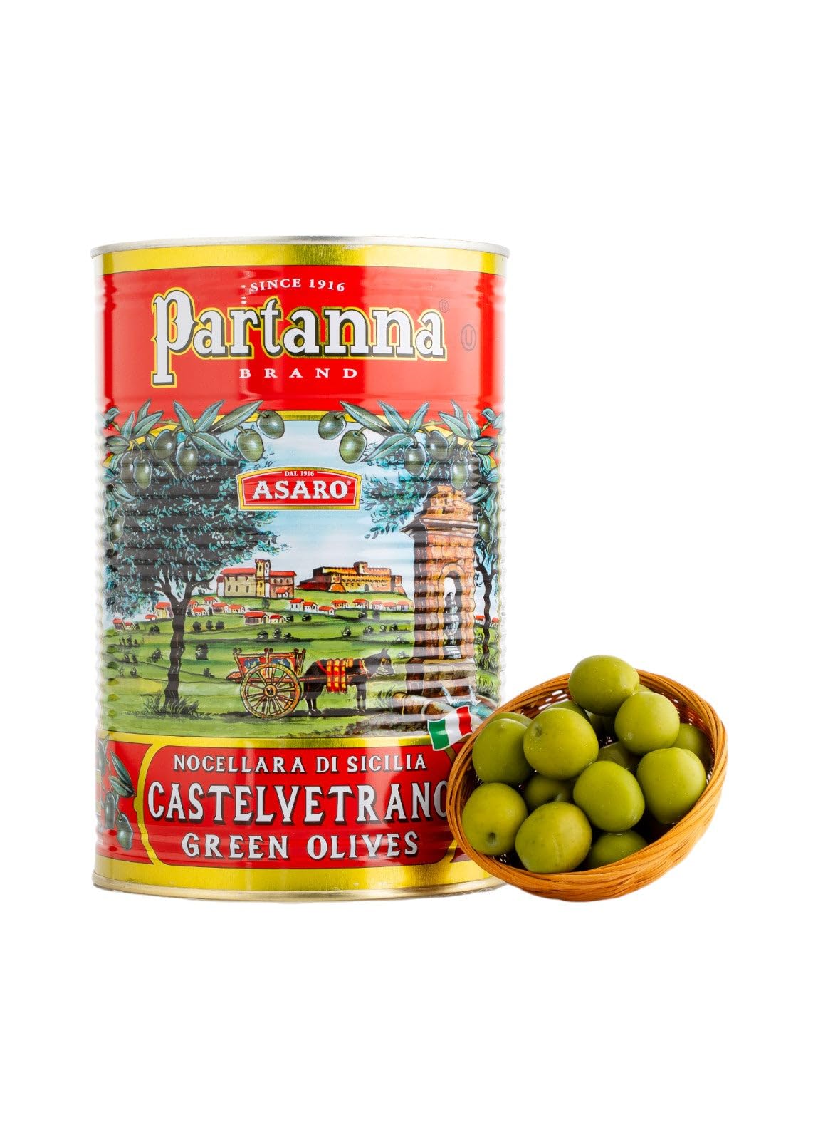 Partanna Castelvetrano olives in a bottle; rich, buttery texture for antipasti.