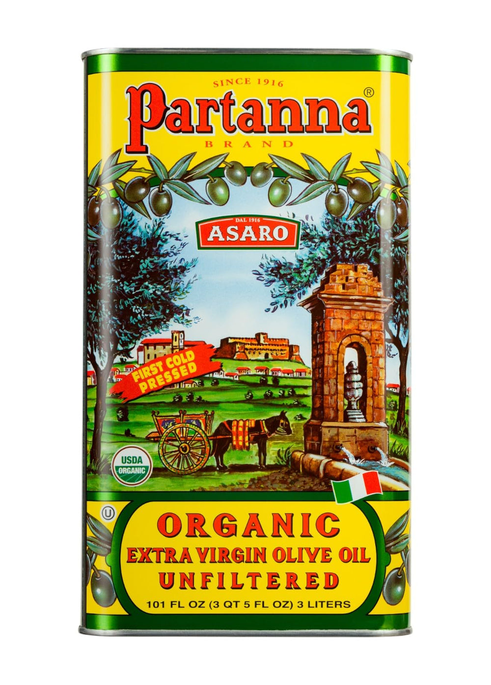 Partanna Italian oil tin packaging showcases premium unfiltered EVOO ready for kitchen use.