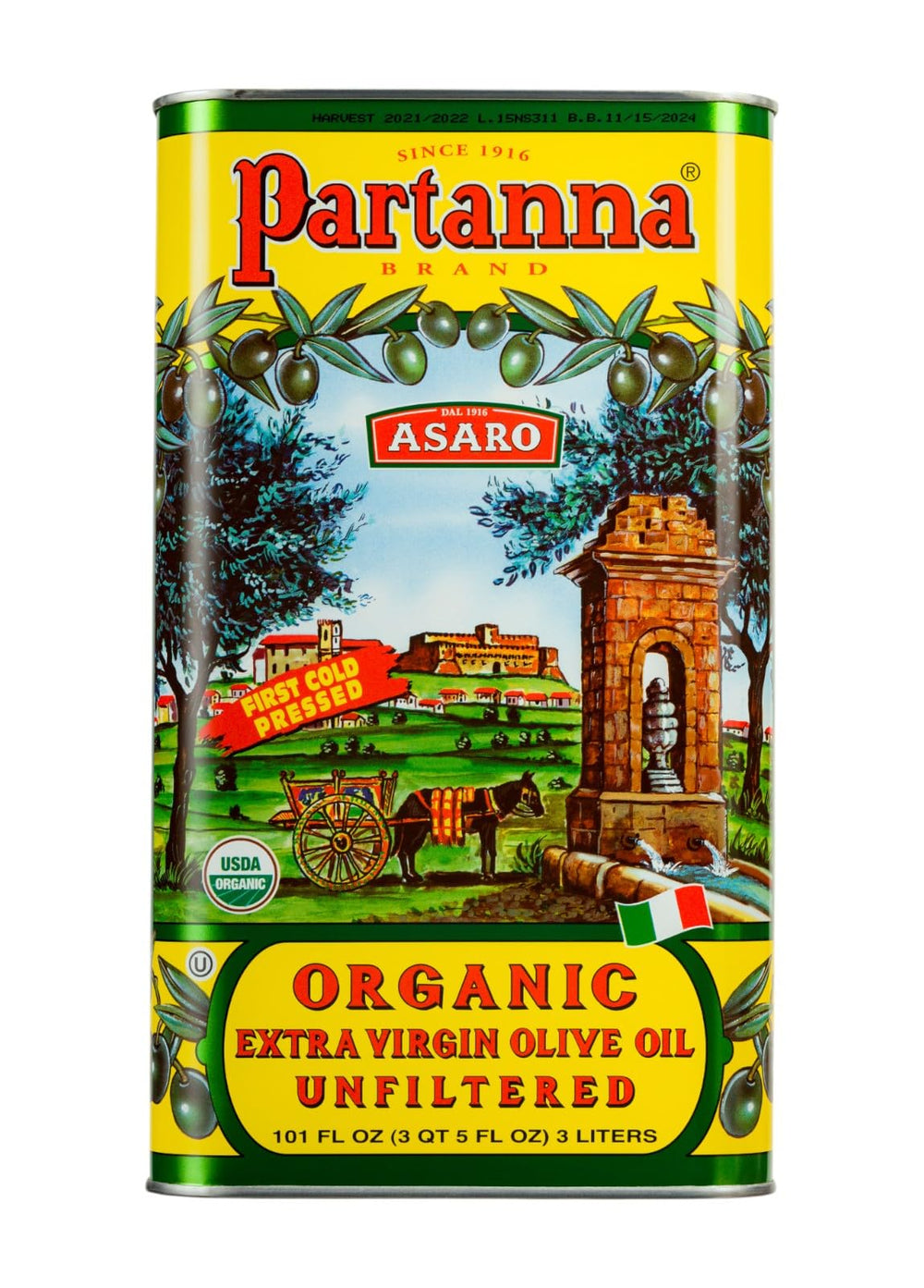 Partanna organic unfiltered olive oil bottle pour for dressings and finishing with rich flavor.