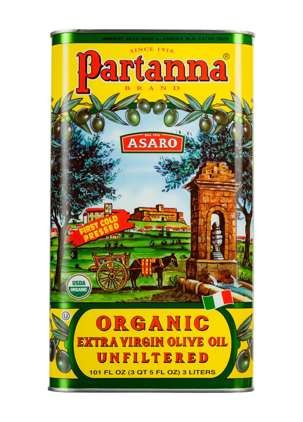 Partanna organic unfiltered olive oil bottle pour for dressings and finishing with rich flavor.