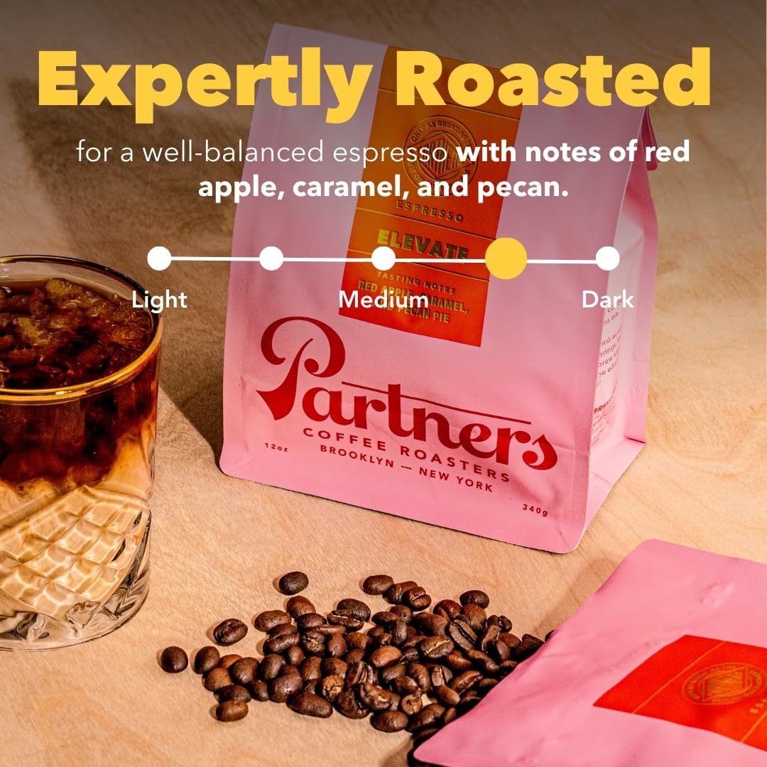 PARTNERS Elevate espresso label close-up highlighting balanced sweetness for everyday use