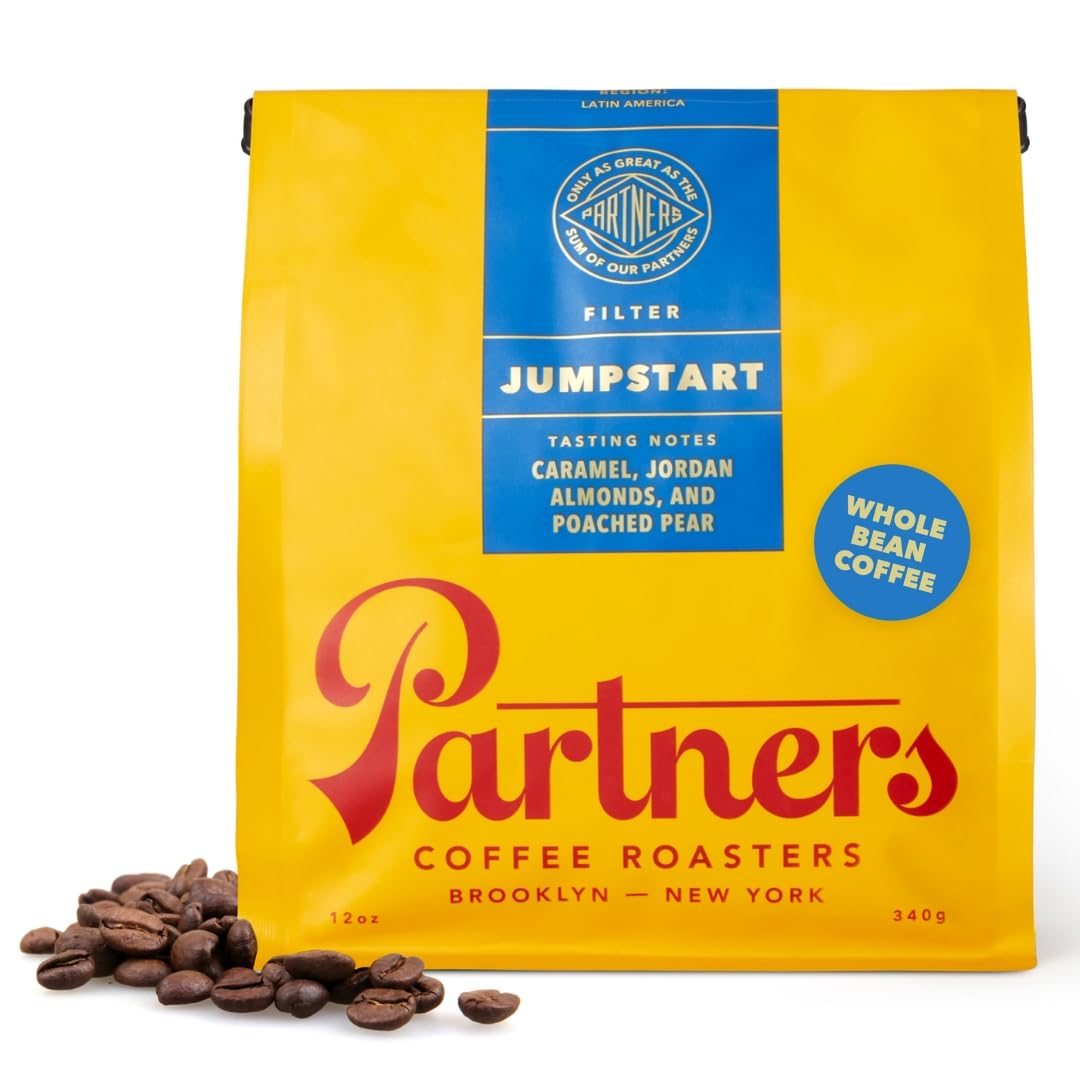 PARTNERS COFFEE ROASTERS Jumpstart bag front signals full-bodied flavor for versatile brewing.