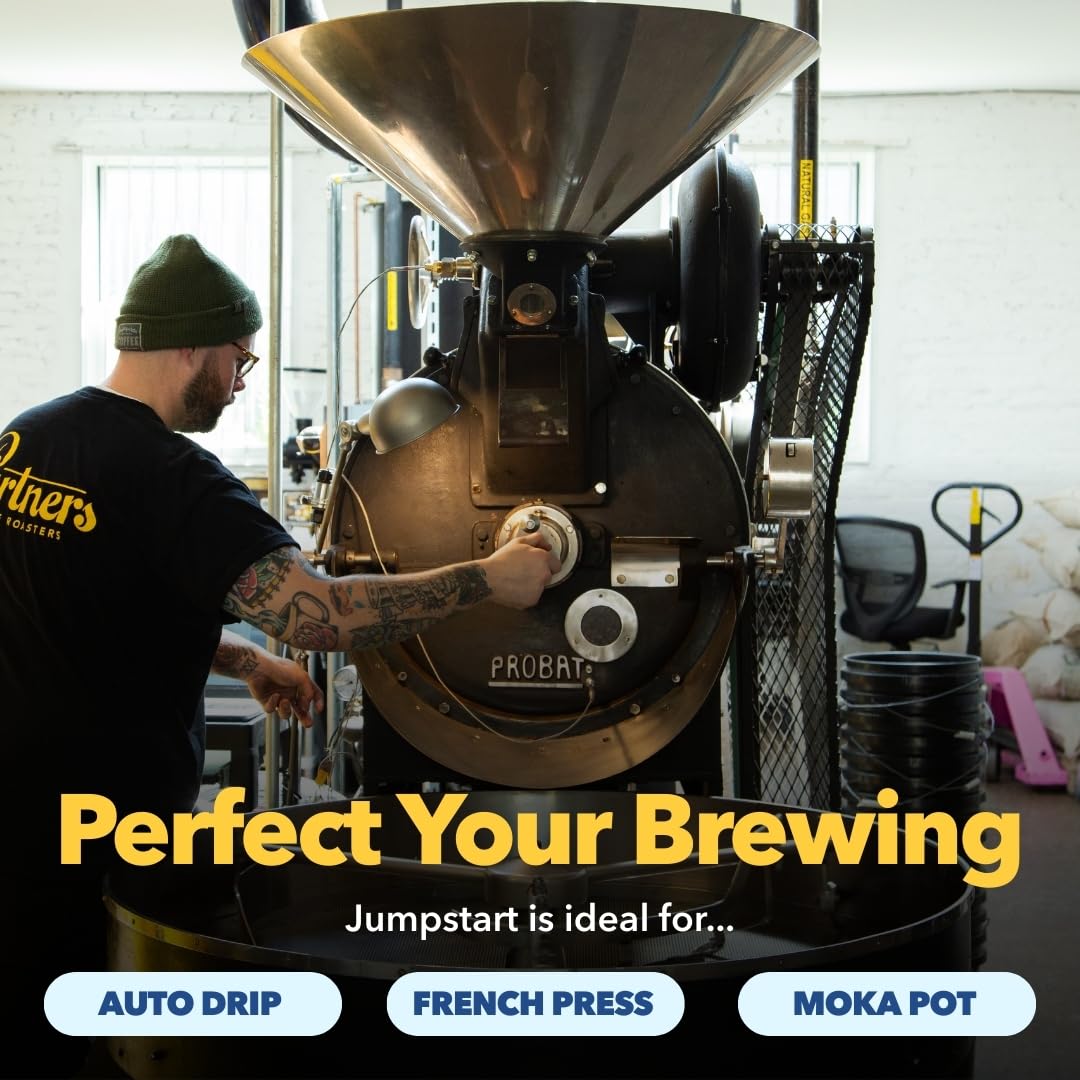 PARTNERS COFFEE ROASTERS Jumpstart beans closeup highlights glossy, evenly roasted whole beans.