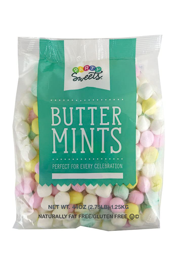Party Sweets pastel buttermints are used as table decor with a colorful display