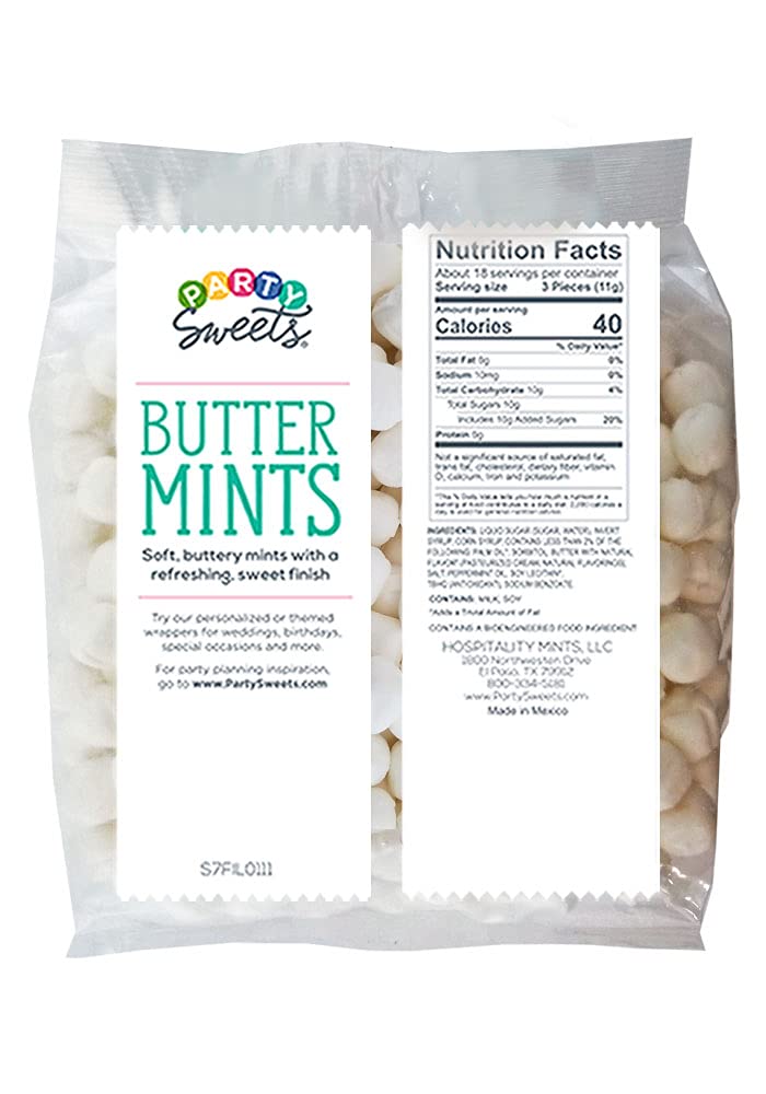 Party Sweets White Buttermints bag back view, great for bulk gifting.