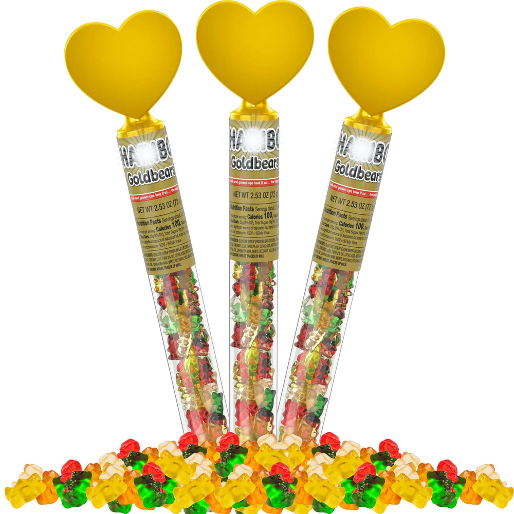 Partypom Goldbearrs Valentines tube with heart topper, ideal for sharing gifts.