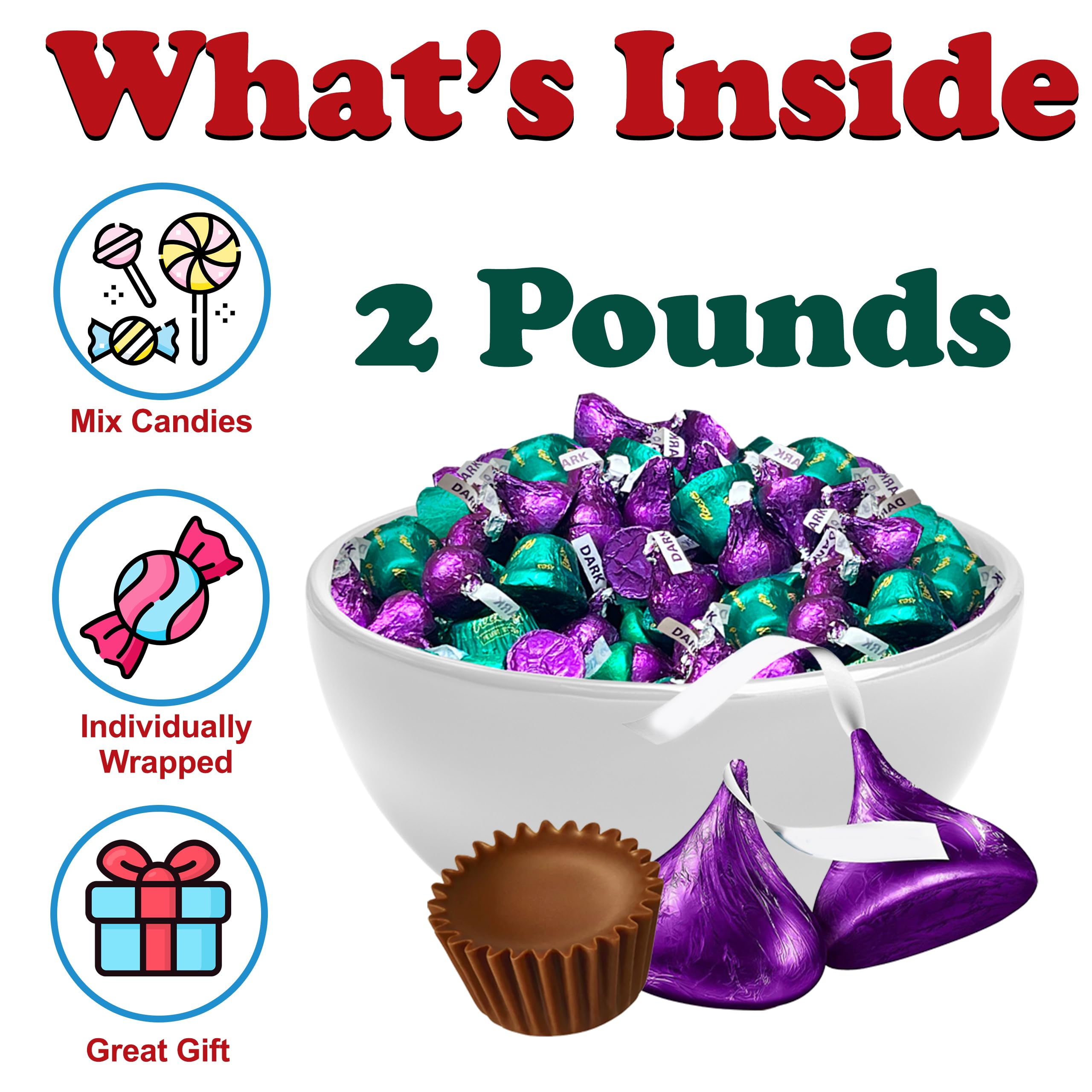 Green and purple wrapped kisses from Partypom decorate a festive candy display.