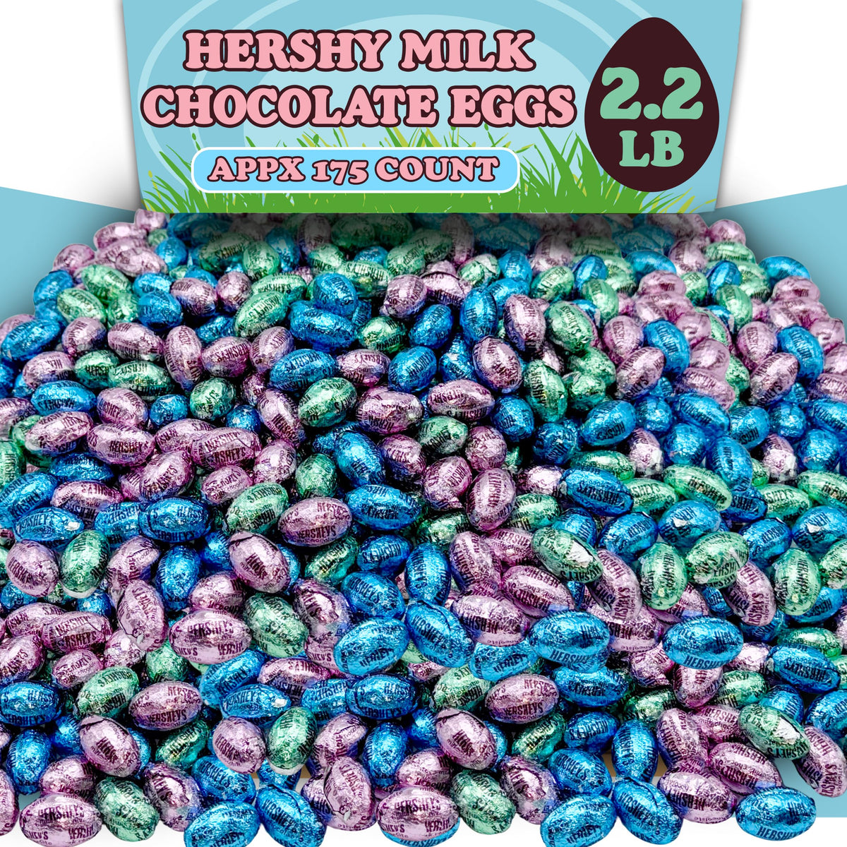 Partypom Hershey Milk Chocolate Eggs pack shot with pastel foils for Easter baskets