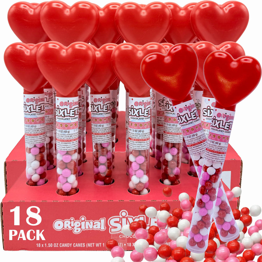 Partypom Valentine candy-filled tube with heart topper for classroom exchanges.