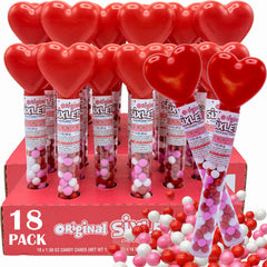 Partypom Valentine candy-filled tube with heart topper for classroom exchanges.