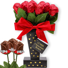 Partypom Valentine milk chocolate roses bouquet wrapped in red foil, a romantic edible gift.