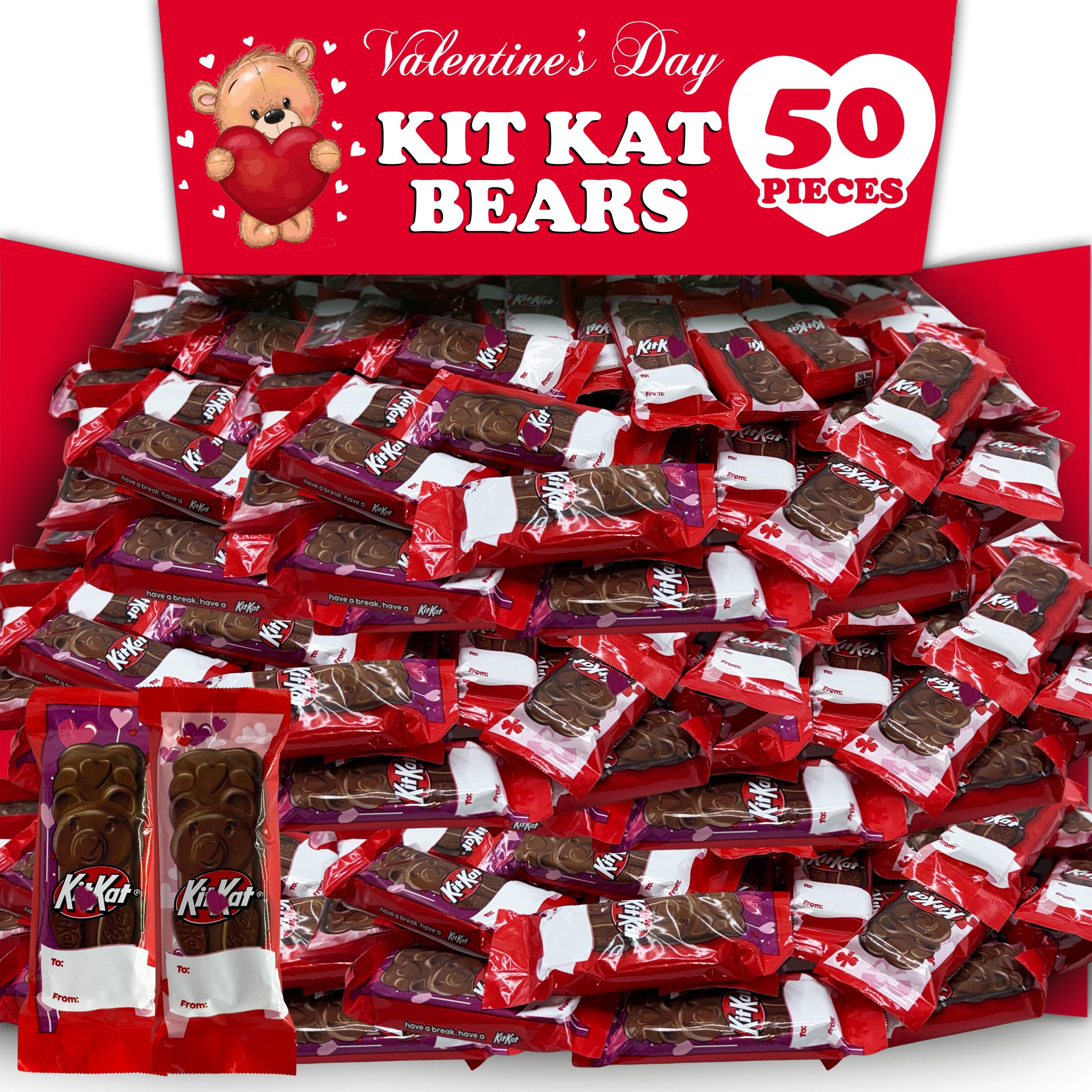 Partypom Valentines Exchange Milk Chocolate Wafer Bears, 50-count, ideal for sharing.