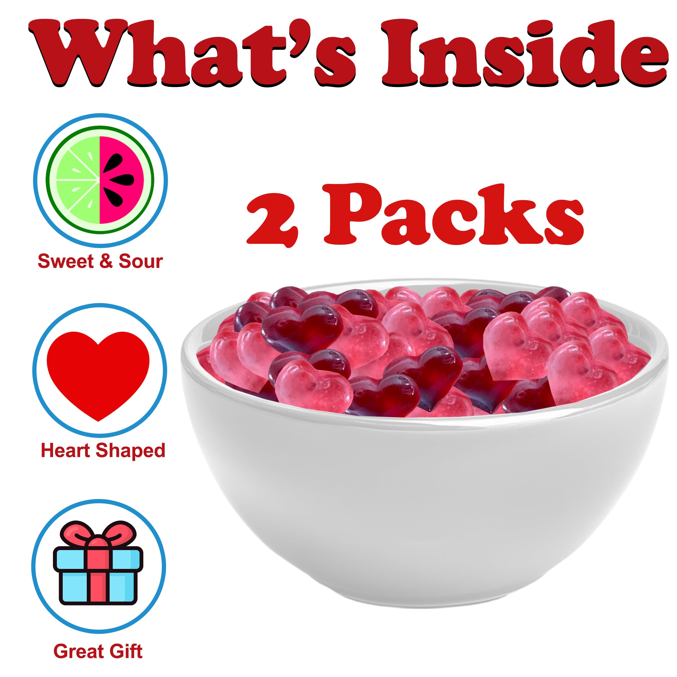 Partypom heart gummies close-up showing red and pink hearts, great for sharing