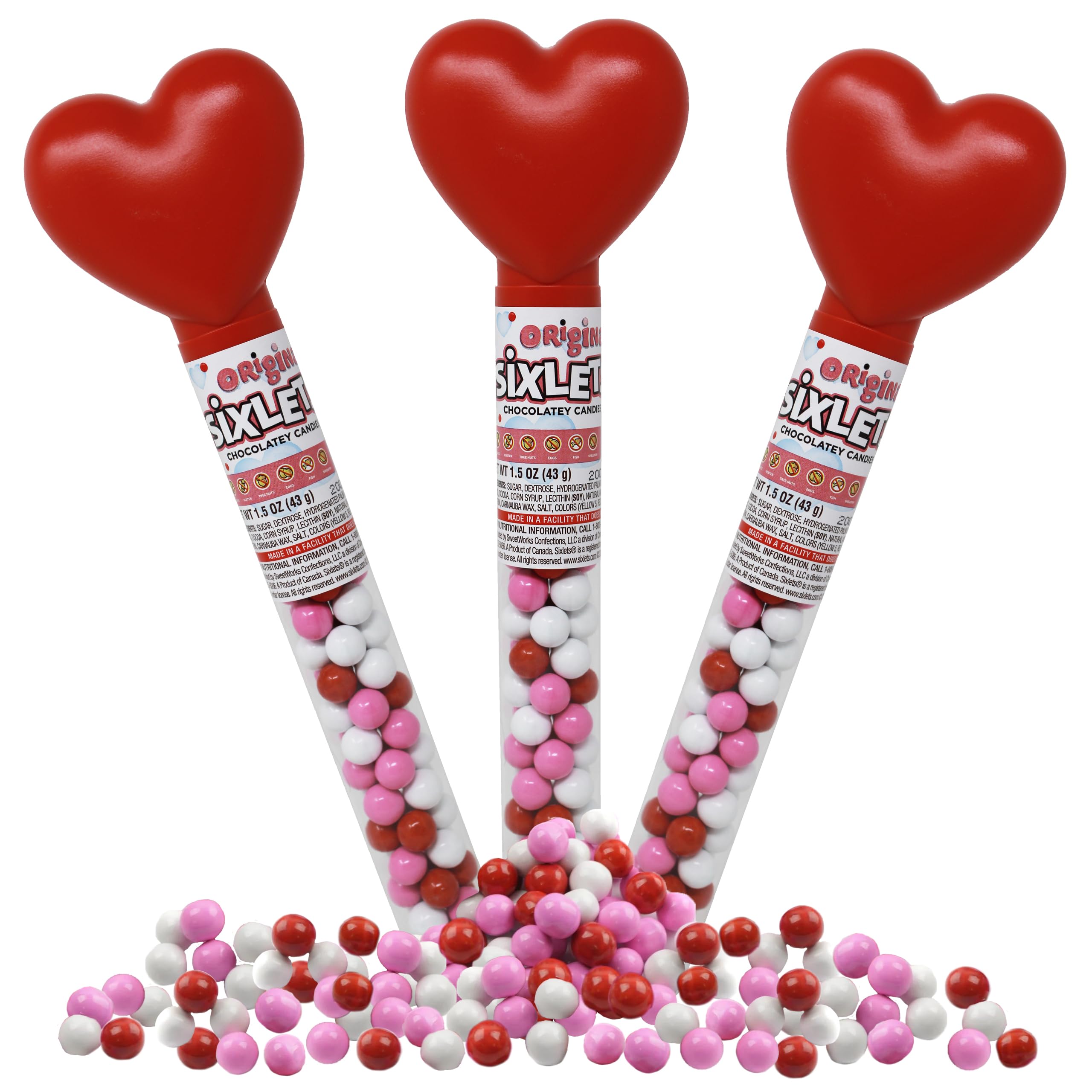 Partypom Valentines pink heart tubes with colorful candy-coated chocolates for kids