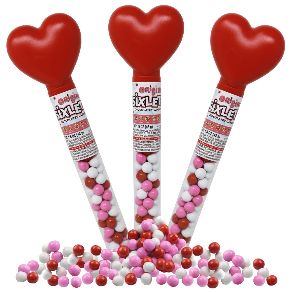 Partypom Valentines pink heart tubes with colorful candy-coated chocolates for kids
