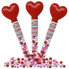 Partypom Valentines pink heart tubes with colorful candy-coated chocolates for kids